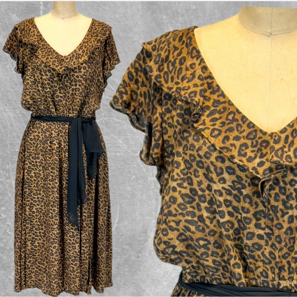 Cheetah‎ big cat animal print dress ruffle collar short sleeve midi fit flare XL